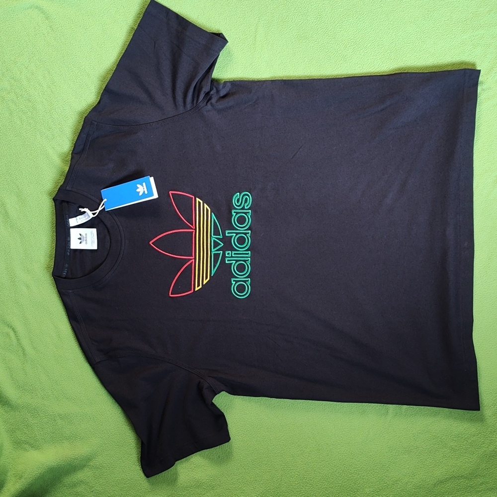 Adidas Rasta Black Tee with Red Gold And Green Embroidered Logo Large KA7463
